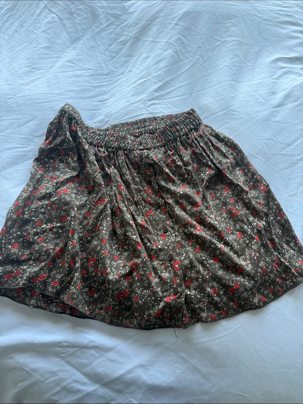 Women's Elastic Waist Floral Skirt - Brown with Red Floral